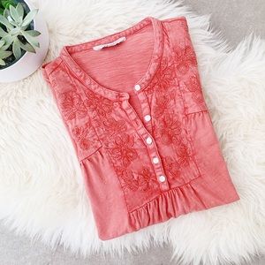 Lucky Brand Embroidered Floral Tee Red/Orange sz S